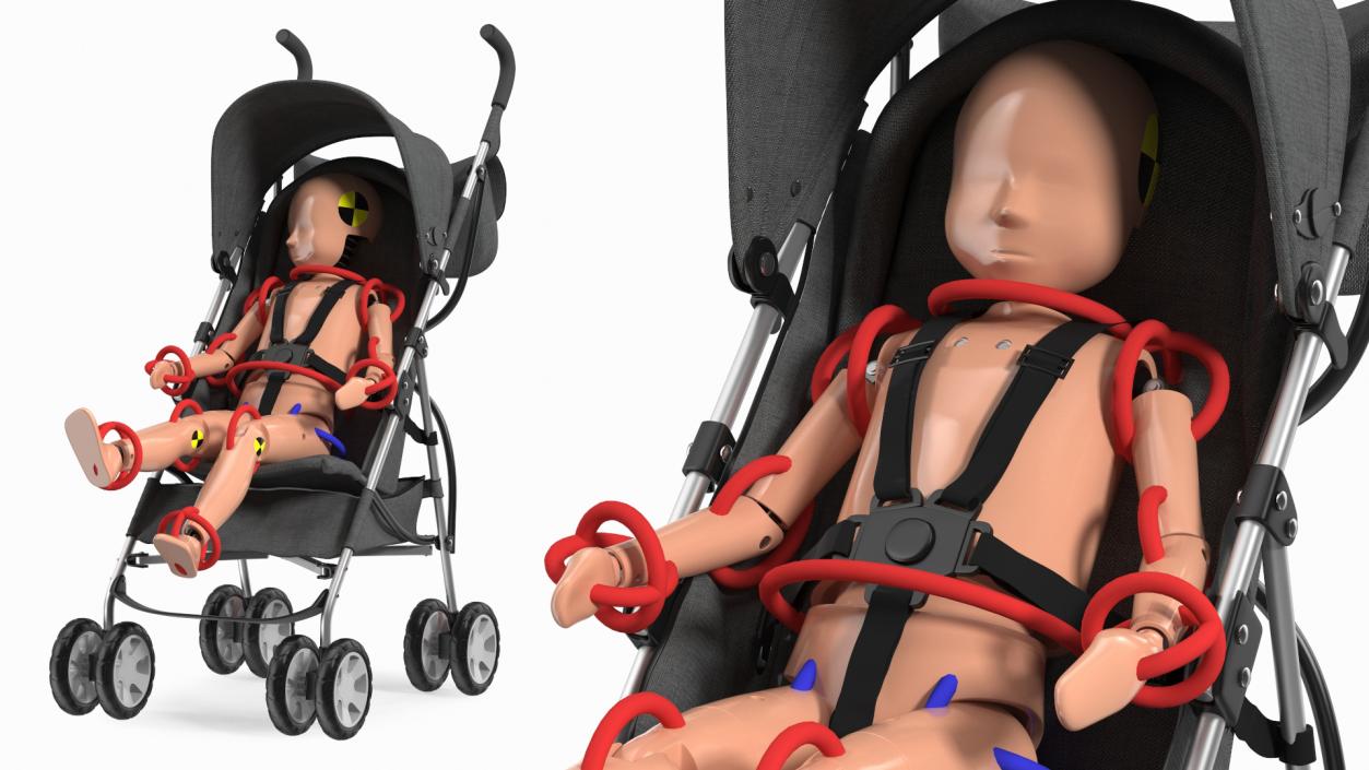 Baby Stroller with Child Crash Test Rigged 3D