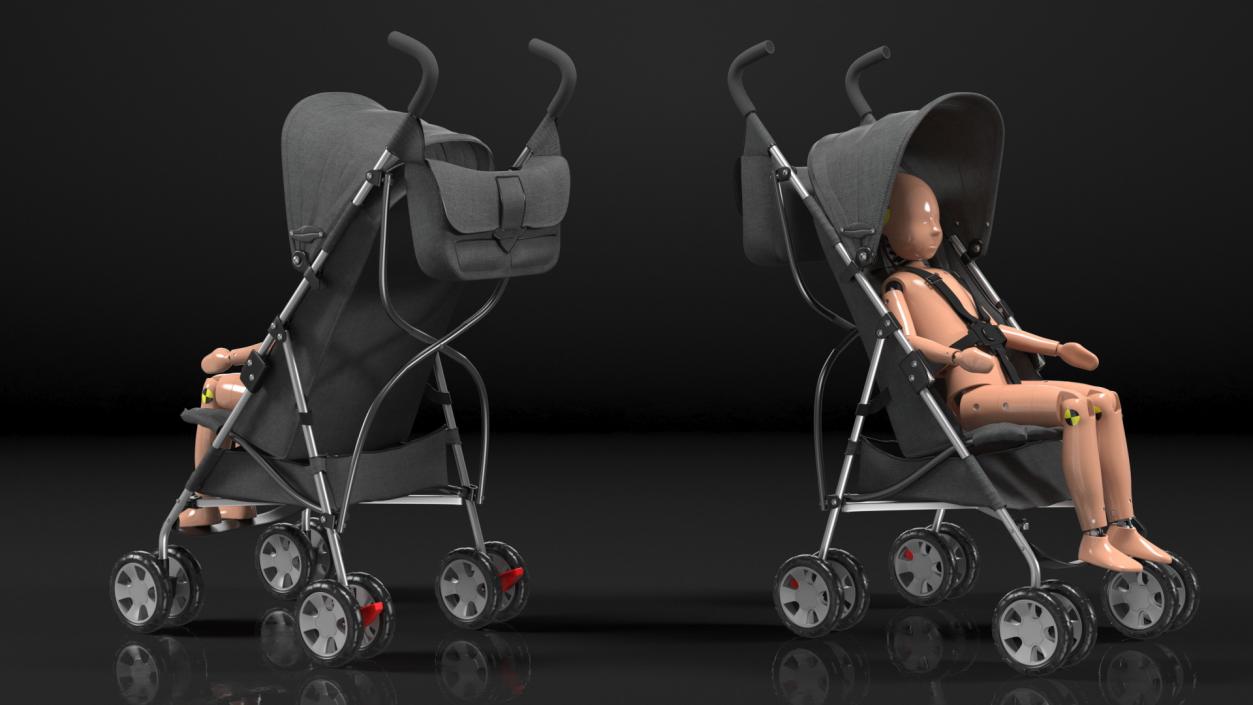 Baby Stroller with Child Crash Test Rigged 3D