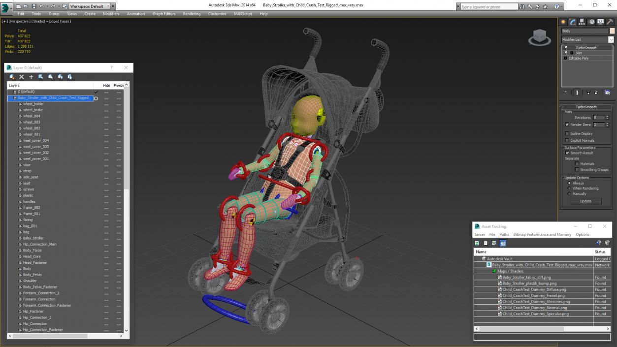 Baby Stroller with Child Crash Test Rigged 3D