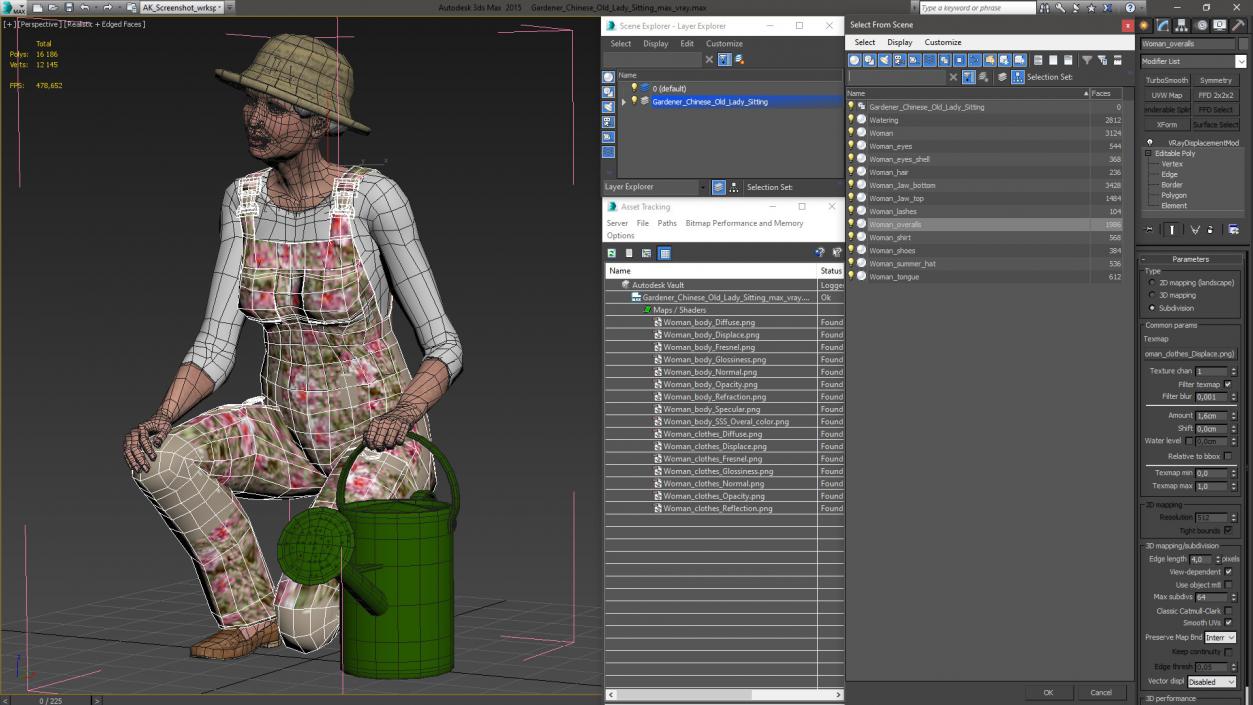 3D Gardener Chinese Old Lady Sitting model