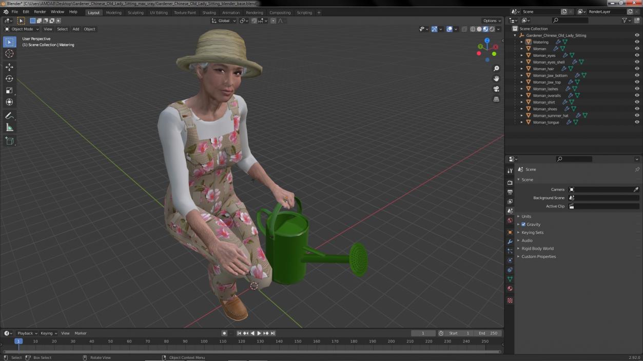 3D Gardener Chinese Old Lady Sitting model