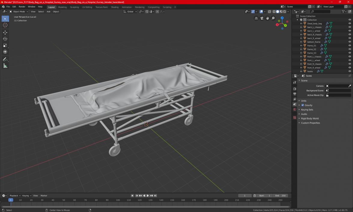 Body Bag on a Hospital Gurney 3D model