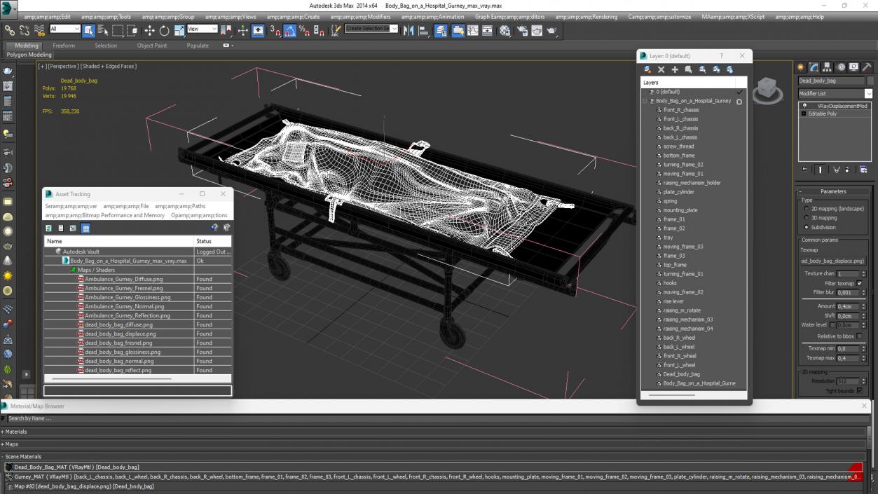 Body Bag on a Hospital Gurney 3D model