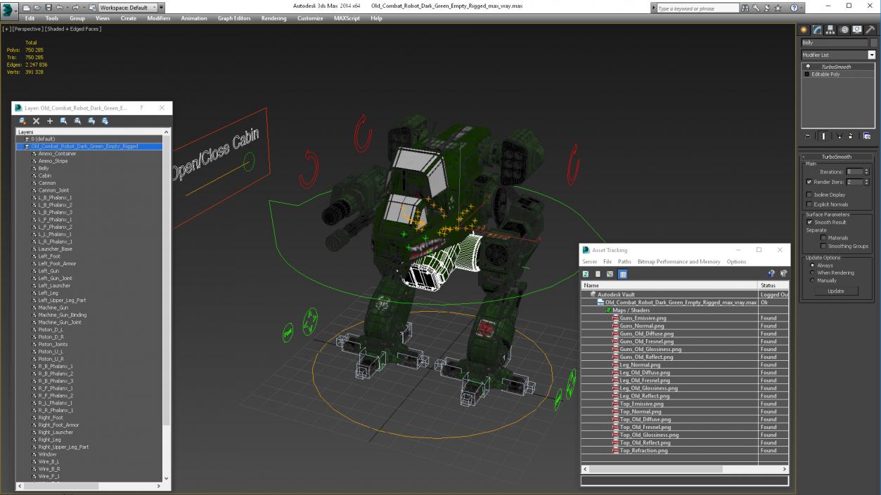 3D model Old Combat Robot Dark Green Empty Rigged