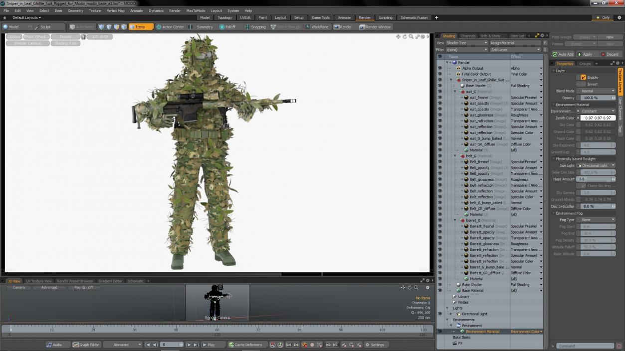 3D Sniper in Leaf Ghillie Suit Rigged for Modo model