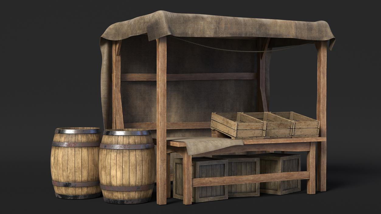 Medieval Market Stand with Barrels 3D model