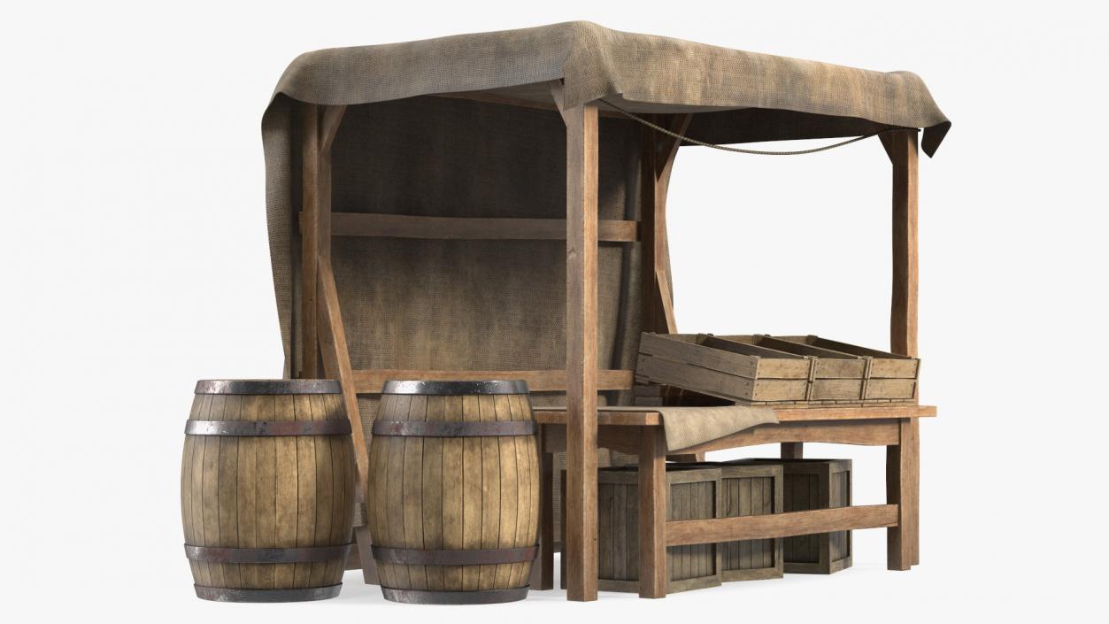 Medieval Market Stand with Barrels 3D model