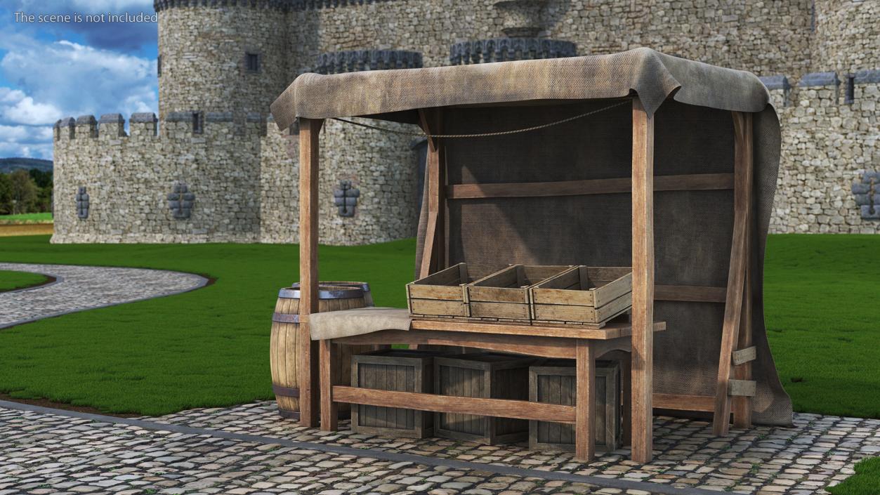 Medieval Market Stand with Barrels 3D model