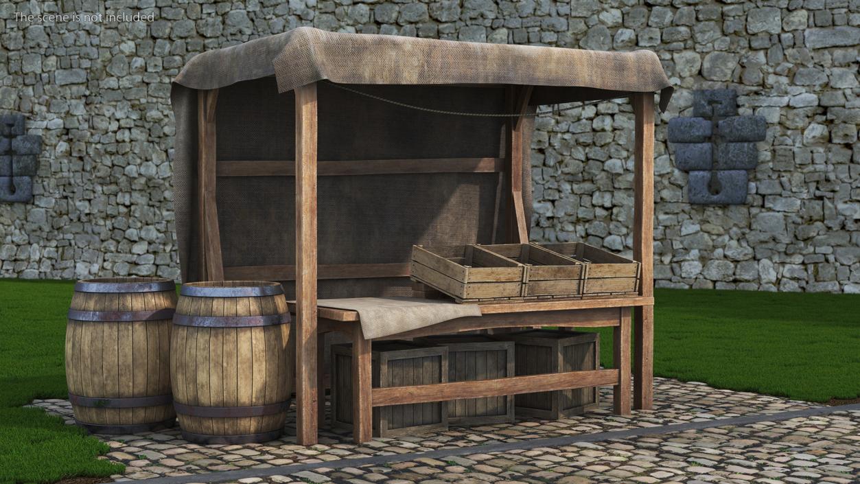 Medieval Market Stand with Barrels 3D model