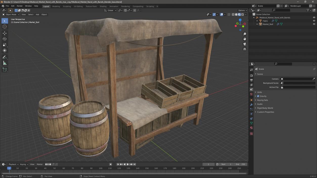 Medieval Market Stand with Barrels 3D model