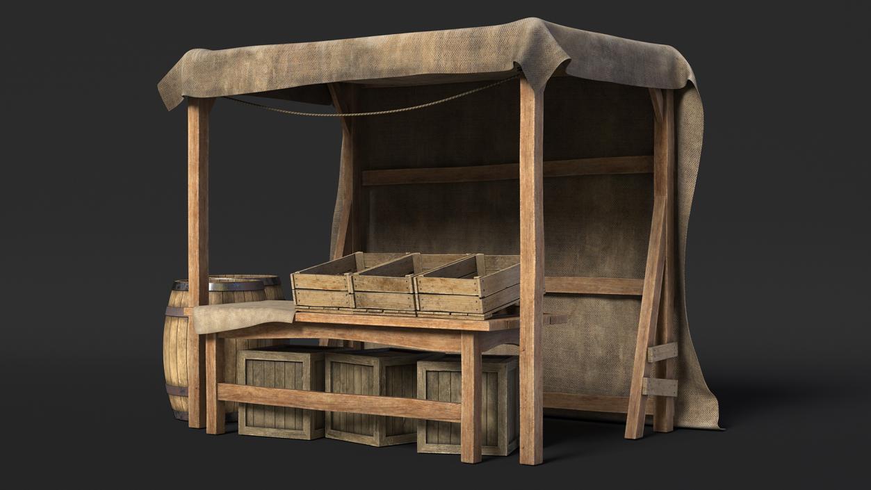 Medieval Market Stand with Barrels 3D model