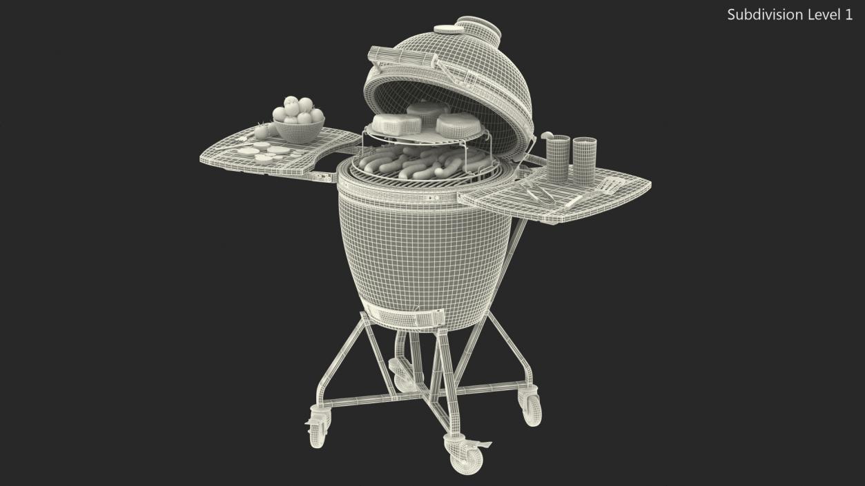 3D Big Green Egg Barbecue Grill Open with Meat and Vegetables model