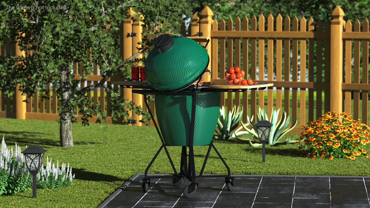 3D Big Green Egg Barbecue Grill Open with Meat and Vegetables model