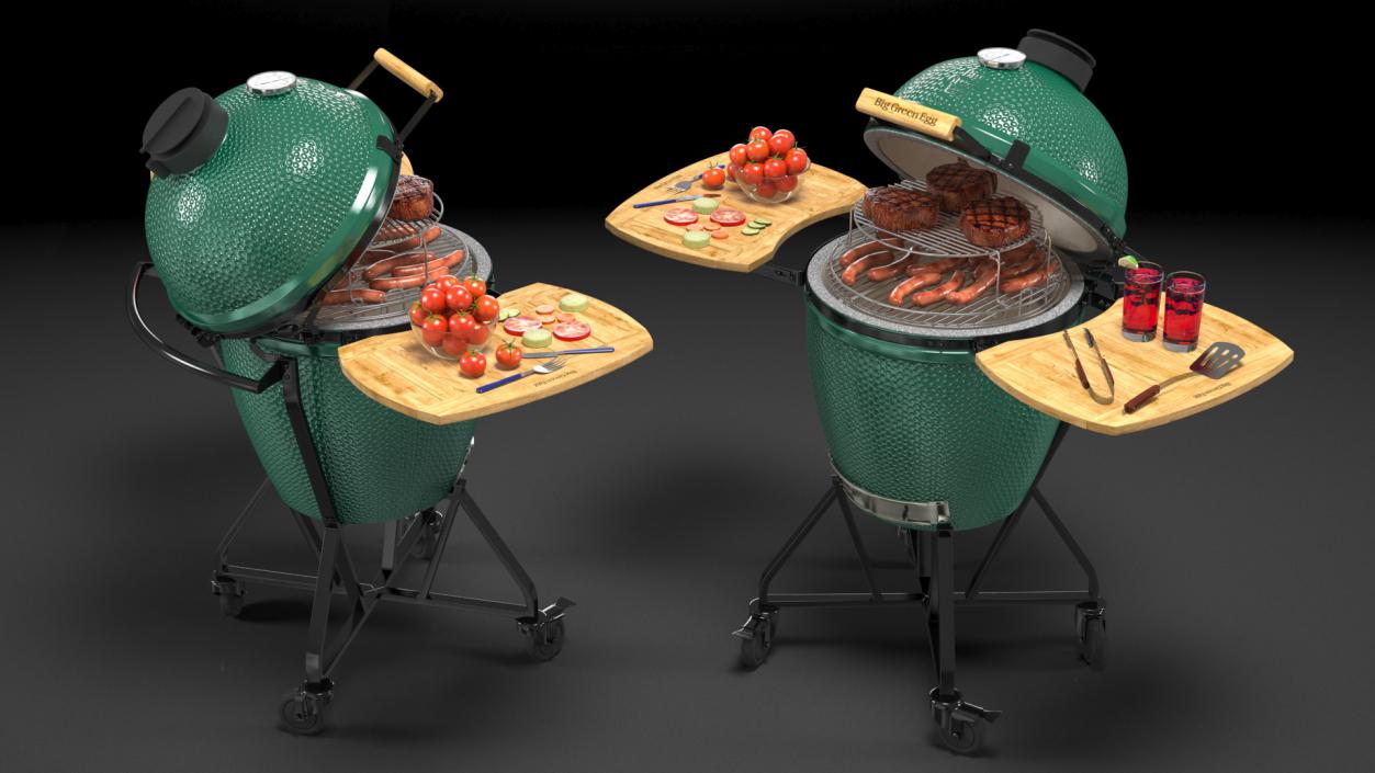 3D Big Green Egg Barbecue Grill Open with Meat and Vegetables model