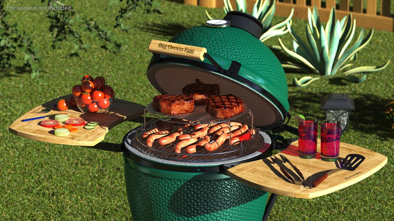 3D Big Green Egg Barbecue Grill Open with Meat and Vegetables model