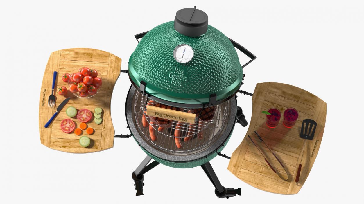 3D Big Green Egg Barbecue Grill Open with Meat and Vegetables model