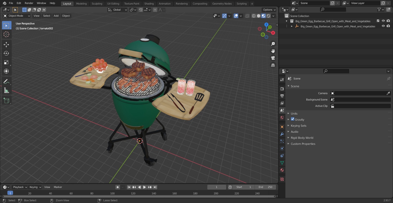 3D Big Green Egg Barbecue Grill Open with Meat and Vegetables model