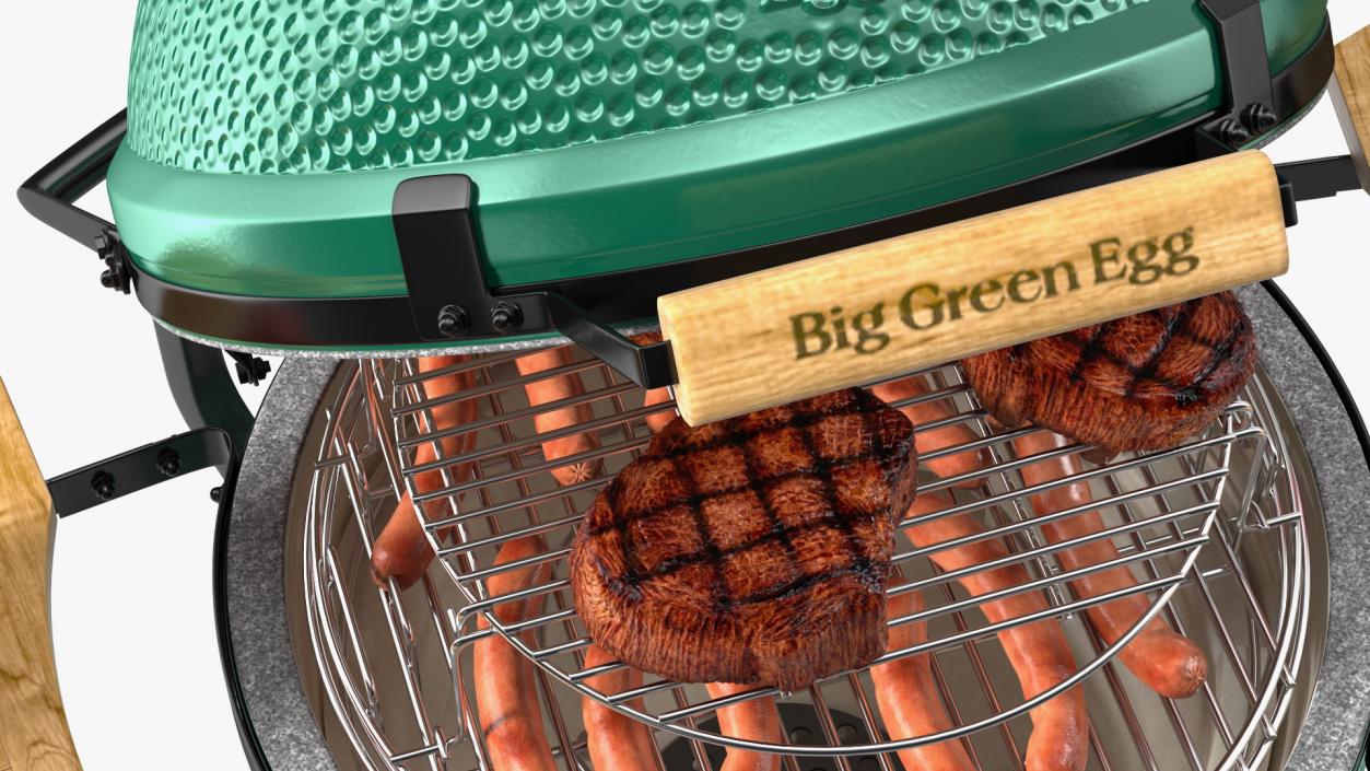 3D Big Green Egg Barbecue Grill Open with Meat and Vegetables model