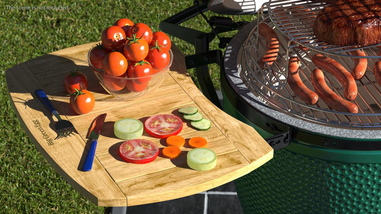 3D Big Green Egg Barbecue Grill Open with Meat and Vegetables model