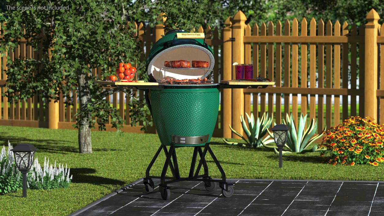 3D Big Green Egg Barbecue Grill Open with Meat and Vegetables model