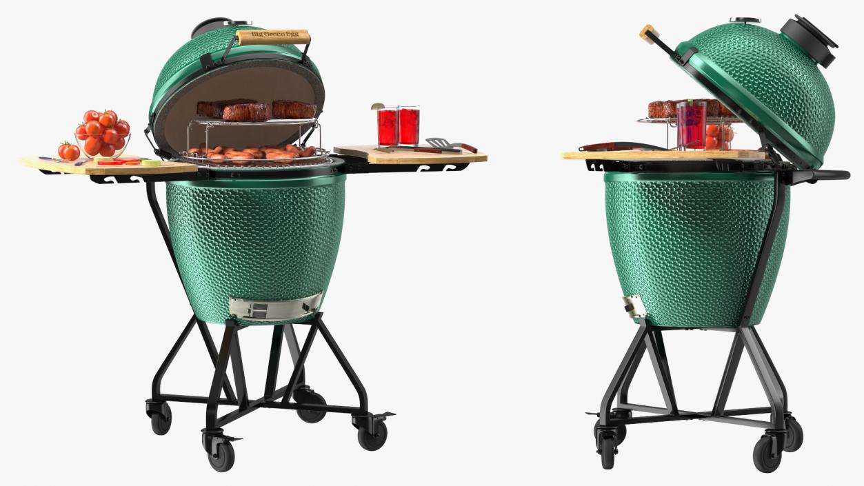 3D Big Green Egg Barbecue Grill Open with Meat and Vegetables model