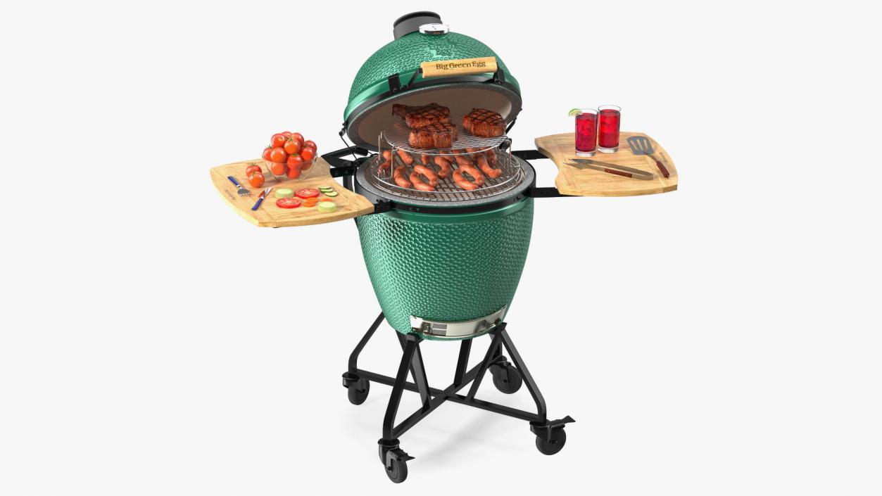 3D Big Green Egg Barbecue Grill Open with Meat and Vegetables model