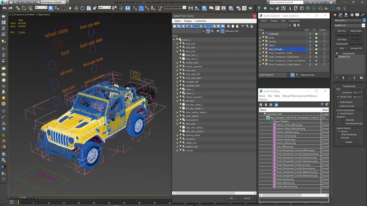 Jeep Wrangler with Thule Transporter Combi Rigged 3D model