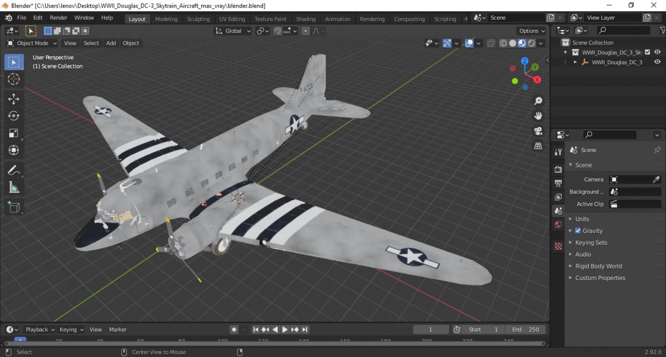 3D model WWII Douglas DC-3 Skytrain Aircraft