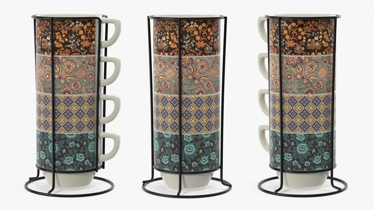 3D Set of Stacking Coffee Mugs with Metal Rack model