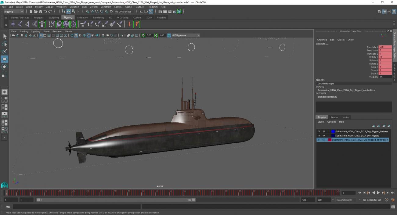 Submarine HDW Class 212A Dry Rigged for Maya 3D model