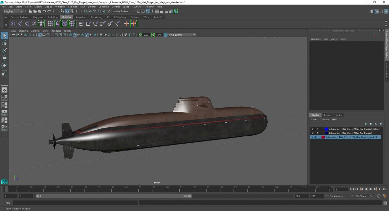 Submarine HDW Class 212A Dry Rigged for Maya 3D model