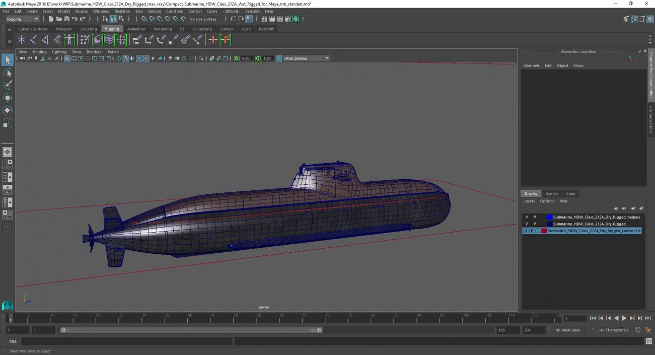 Submarine HDW Class 212A Dry Rigged for Maya 3D model