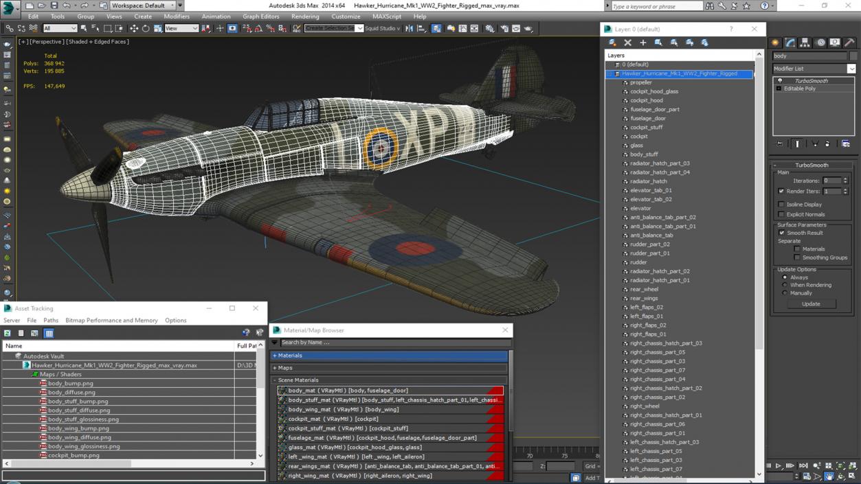 Hawker Hurricane Mk1 WW2 Fighter Rigged 3D model