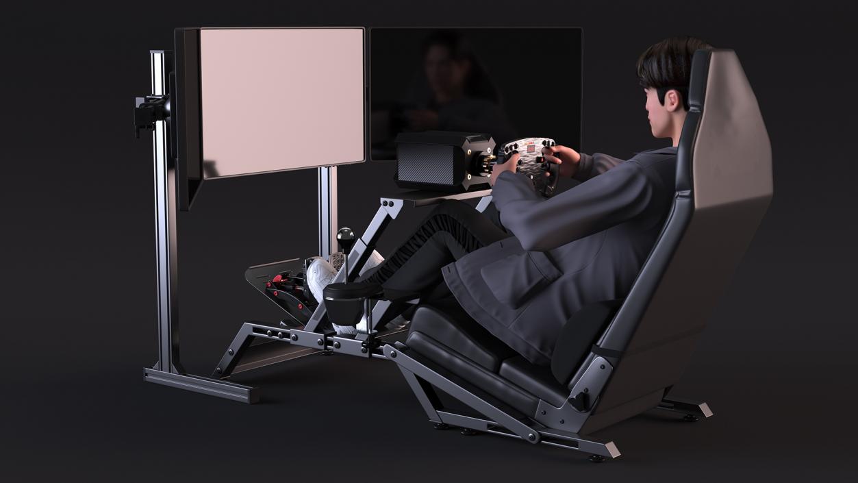 Man Sitting in a Racing Simulator Rig 3D