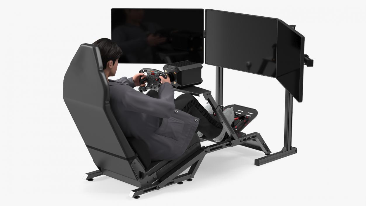 Man Sitting in a Racing Simulator Rig 3D