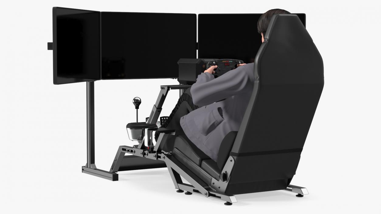 Man Sitting in a Racing Simulator Rig 3D