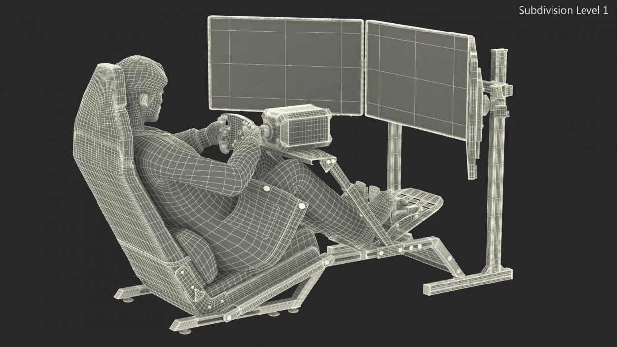 Man Sitting in a Racing Simulator Rig 3D