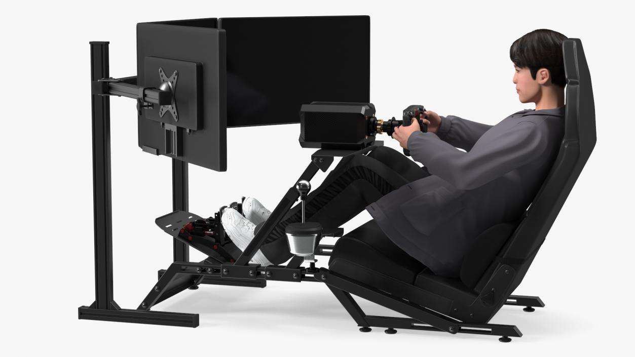 Man Sitting in a Racing Simulator Rig 3D