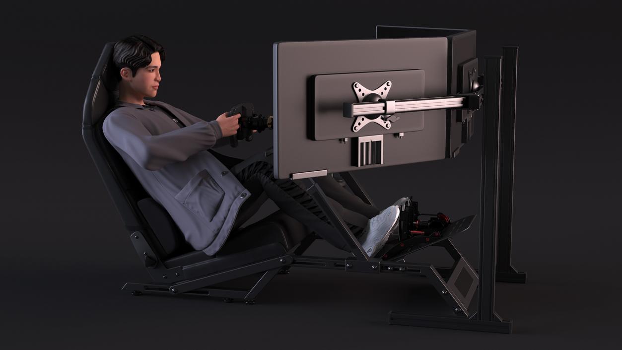 Man Sitting in a Racing Simulator Rig 3D