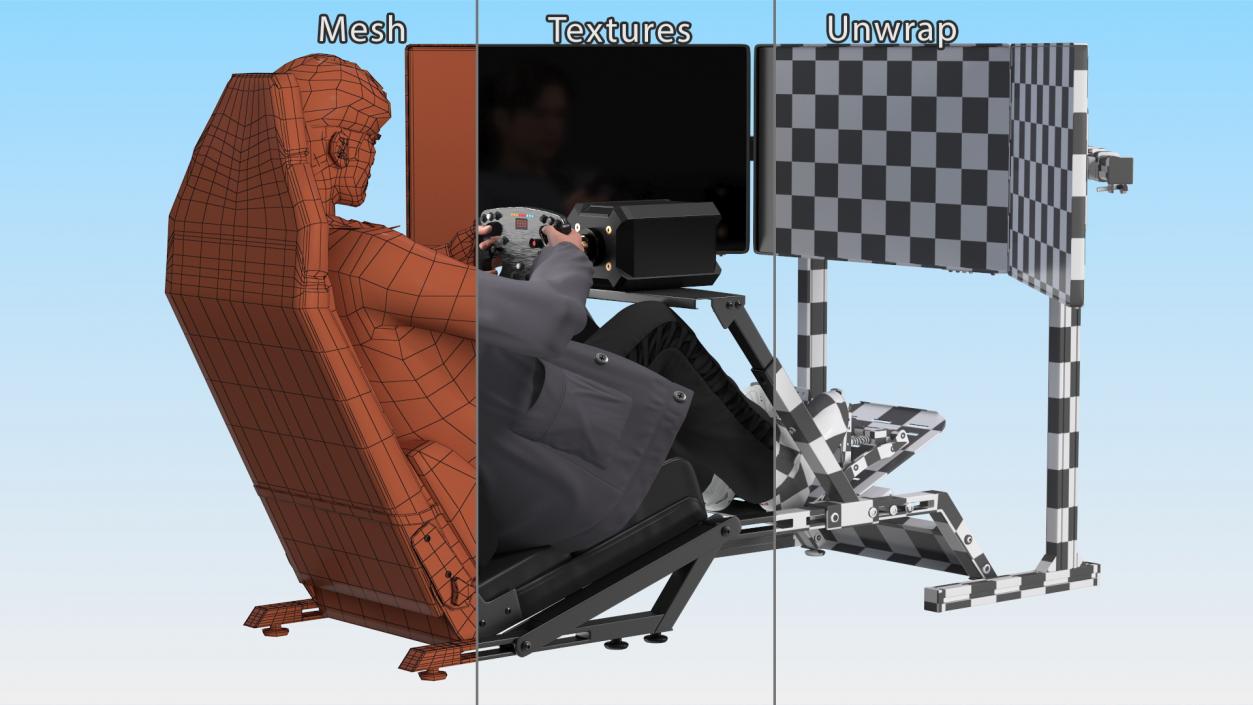 Man Sitting in a Racing Simulator Rig 3D