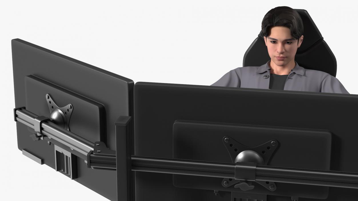 Man Sitting in a Racing Simulator Rig 3D