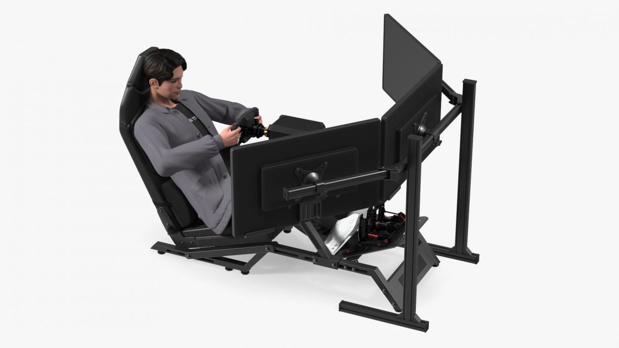 Man Sitting in a Racing Simulator Rig 3D