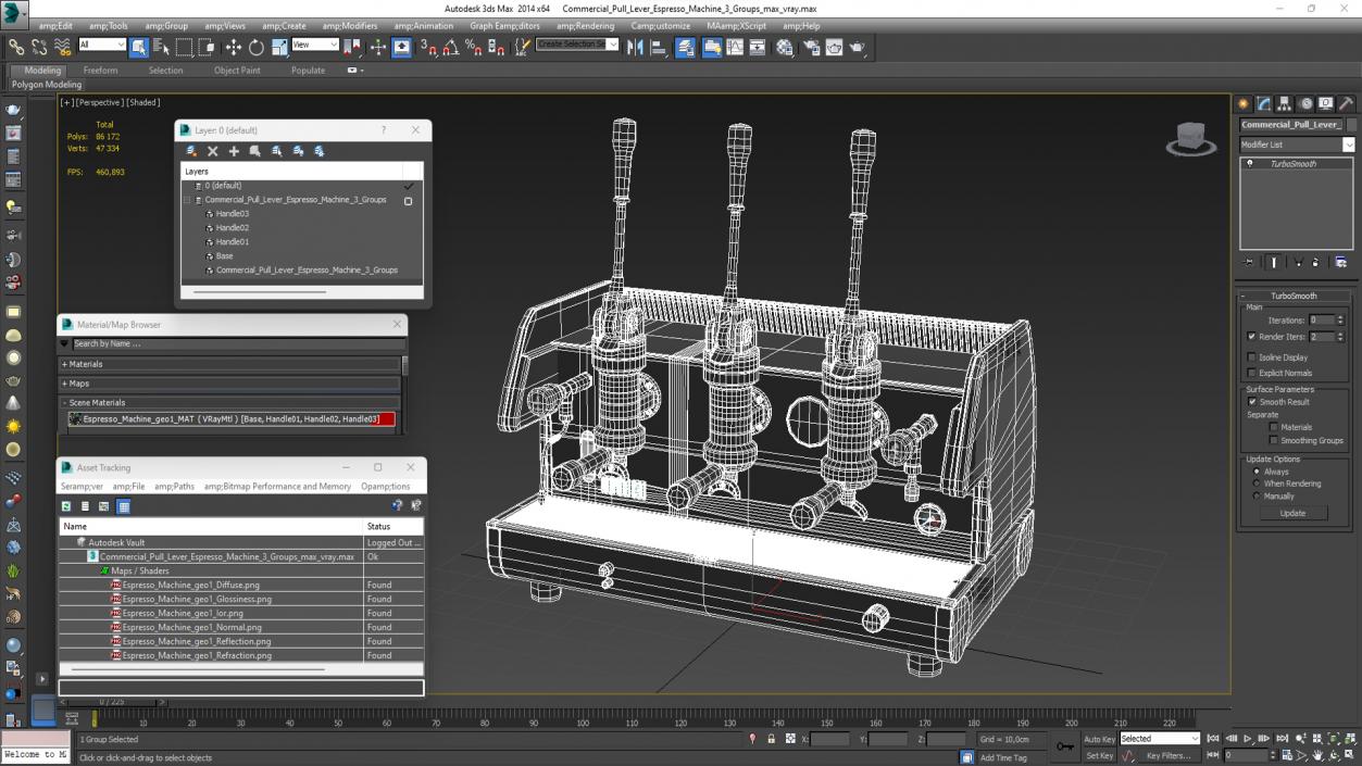 Commercial Pull Lever Espresso Machine 3 Groups 3D