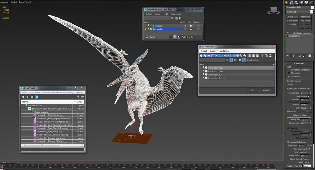 3D Pterosaur Pteranodon White Landing Pose with Fur model