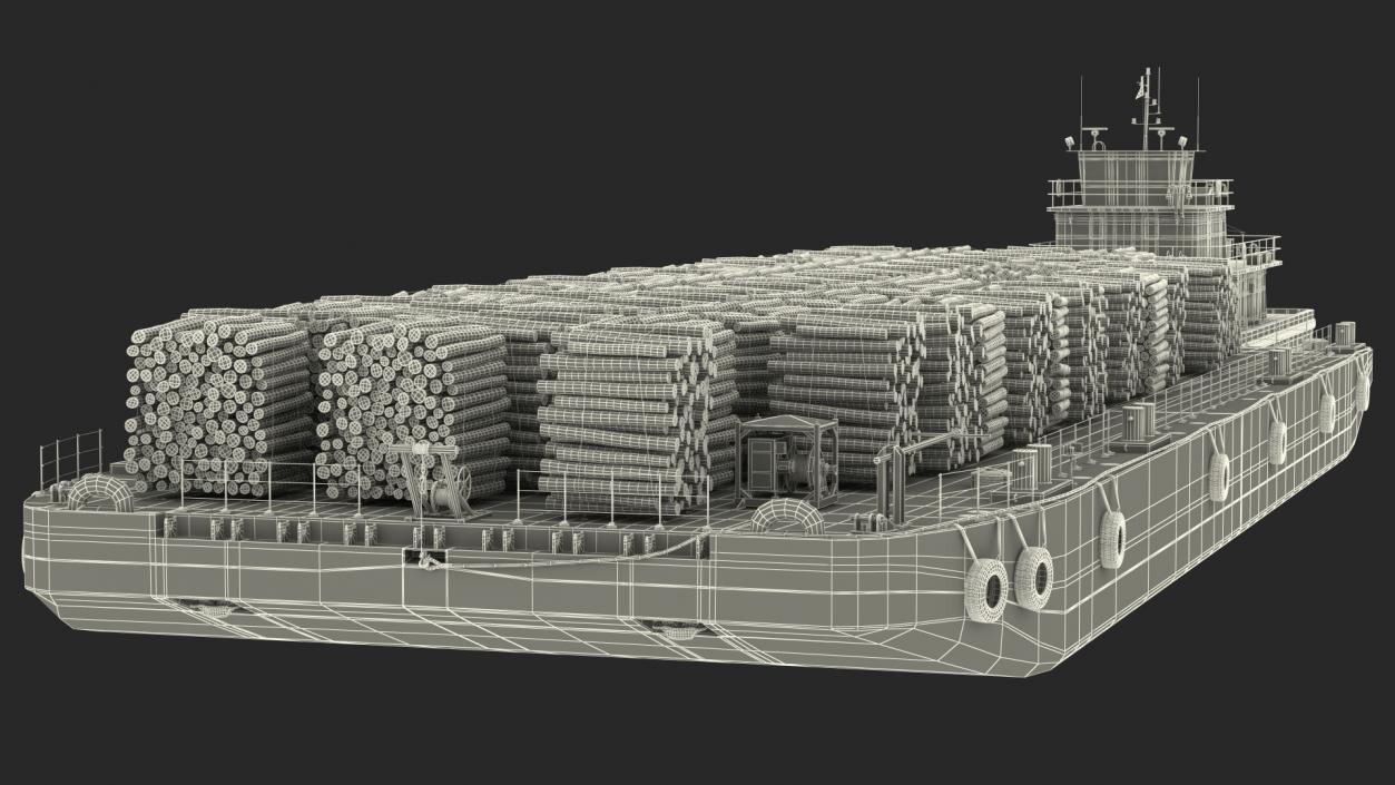 3D model Push Boat Ship with Pontoon Barge Loaded Wood Logs