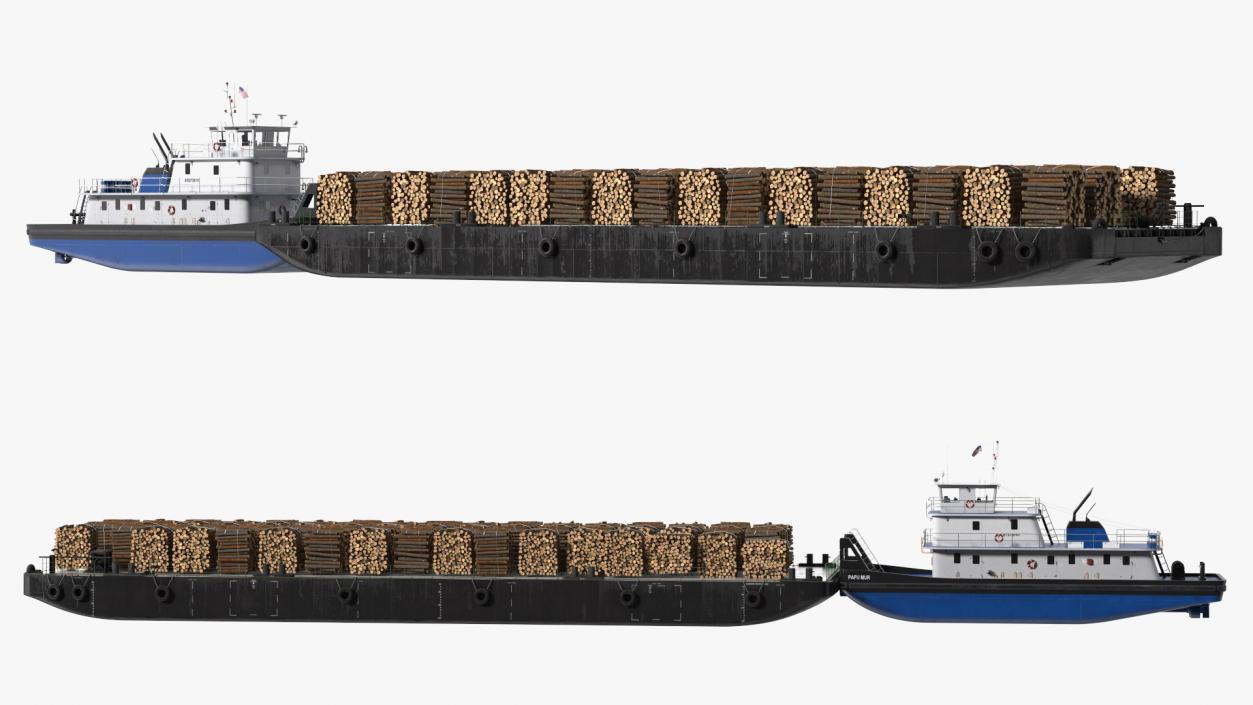 3D model Push Boat Ship with Pontoon Barge Loaded Wood Logs