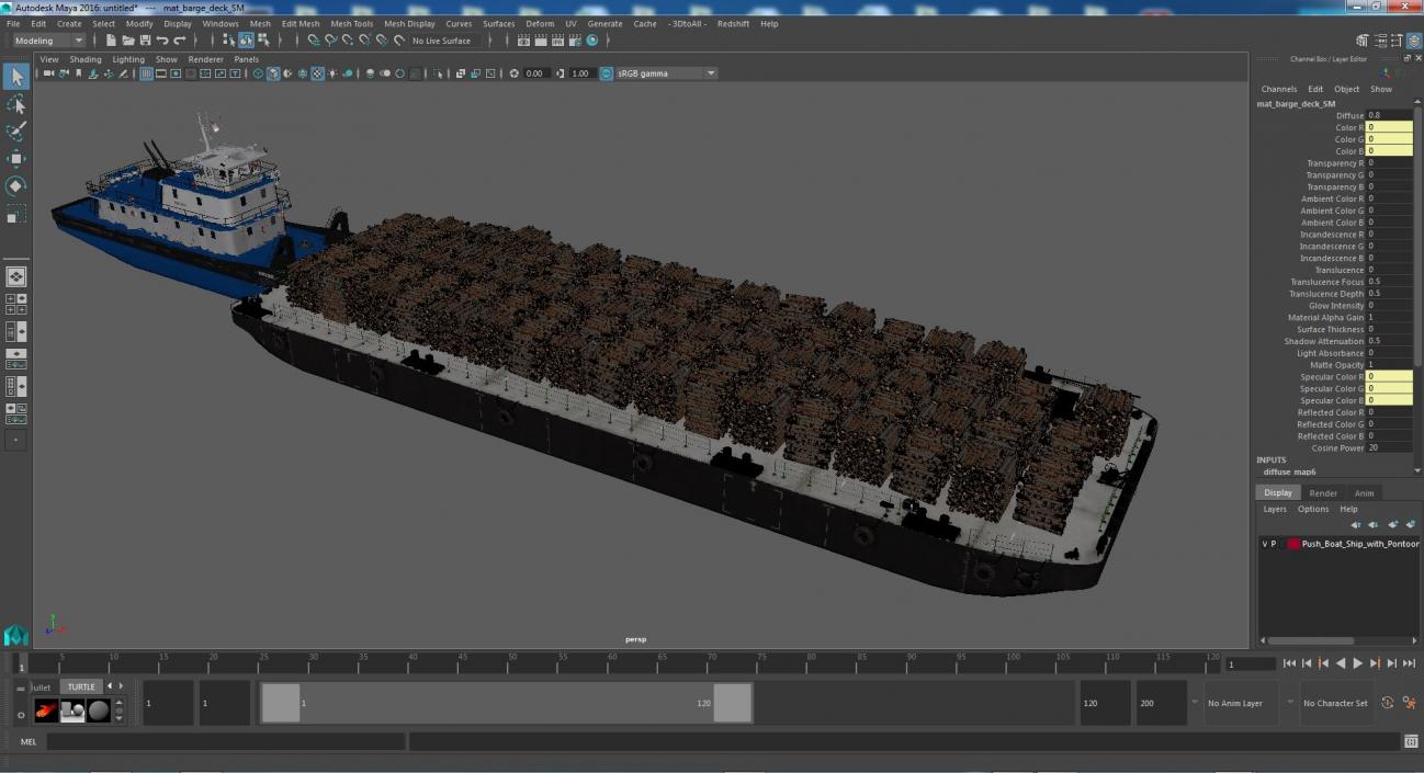 3D model Push Boat Ship with Pontoon Barge Loaded Wood Logs