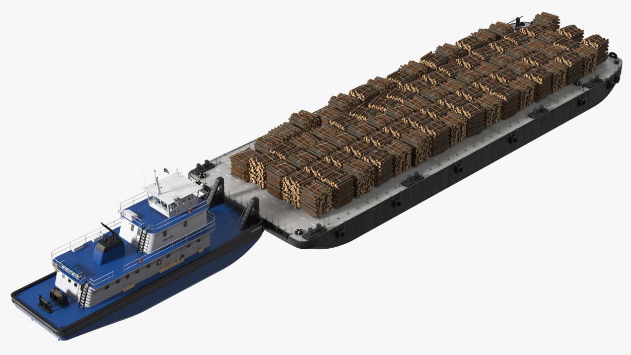 3D model Push Boat Ship with Pontoon Barge Loaded Wood Logs