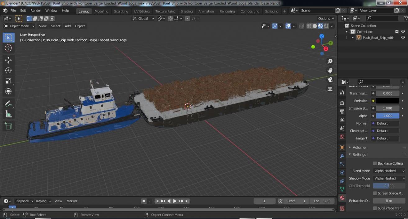 3D model Push Boat Ship with Pontoon Barge Loaded Wood Logs