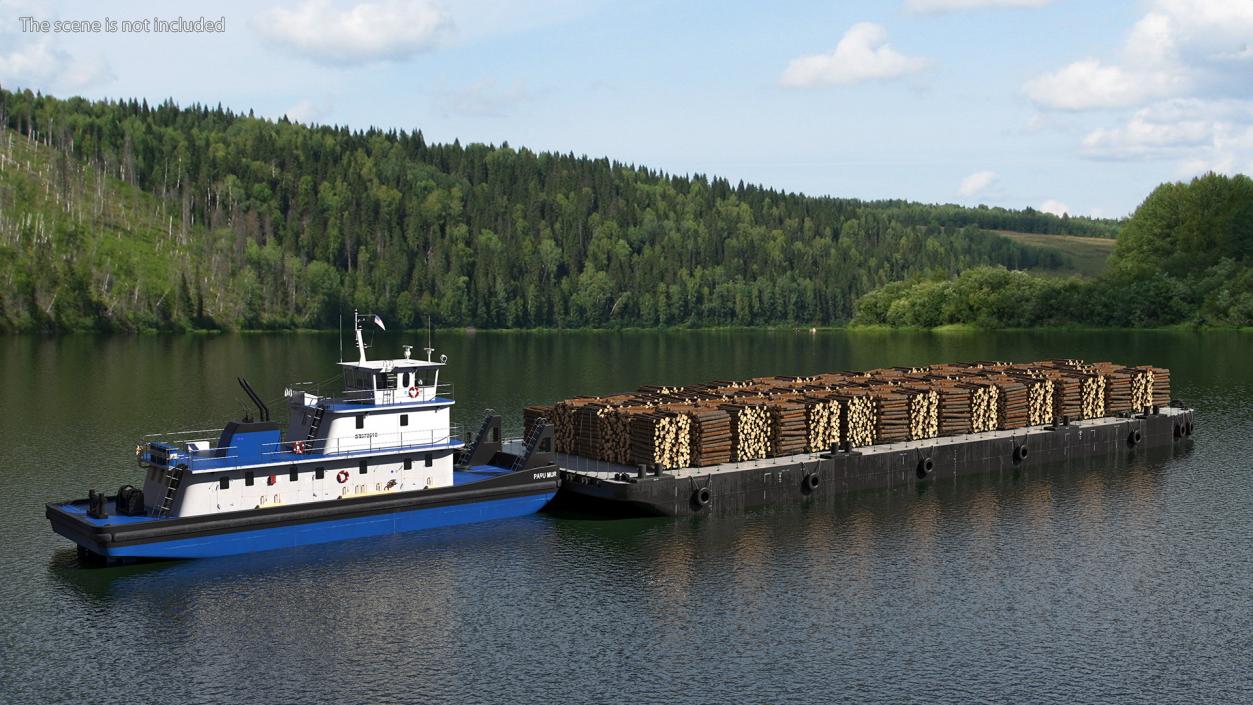 3D model Push Boat Ship with Pontoon Barge Loaded Wood Logs